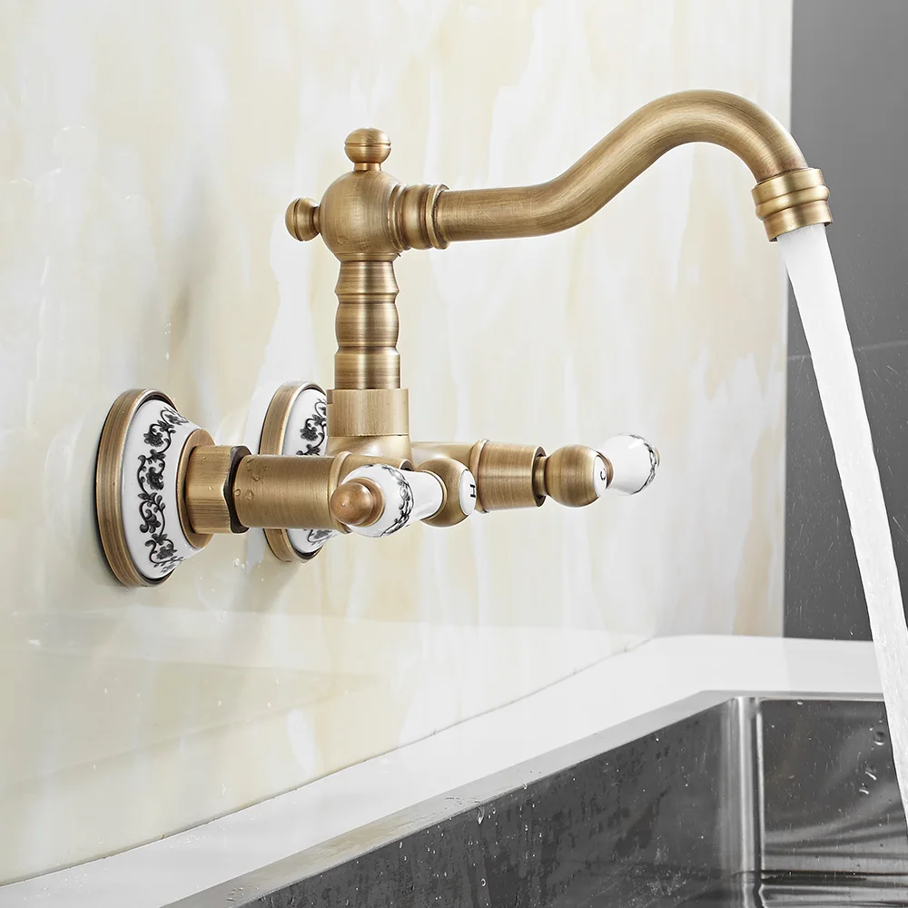 

Античный латунный кухонный кран, смеситель для холодной и горячей воды, кран с двойной ручкой, кран для раковины с двумя отверстиями, вращающийся на 360 градусов, кухонный кран для раковины