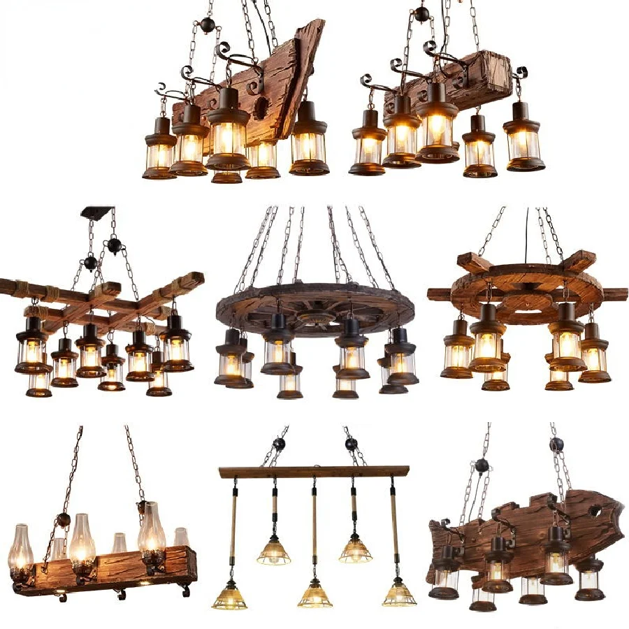 

Retro Bar Industrial Wind Loft Solid Wood Personality Restaurant Coffee Shop Industrial Chandelier