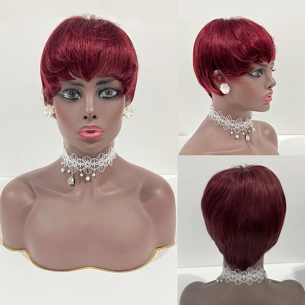

red Layered straight Short Wigs 99J Burgundy Full Machine Made remy Human Hair Pixie Cut Wig With Bangs Brazilian Cheap Wig