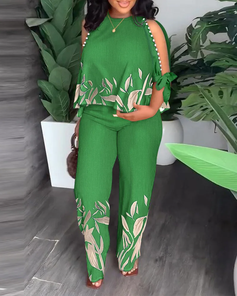 

Tracksuit Women Two Piece Set Beading Decor Bare Shoulder Long Sleeve Top Jogger Pants Suit Female Casual Lounge Wear Outfits