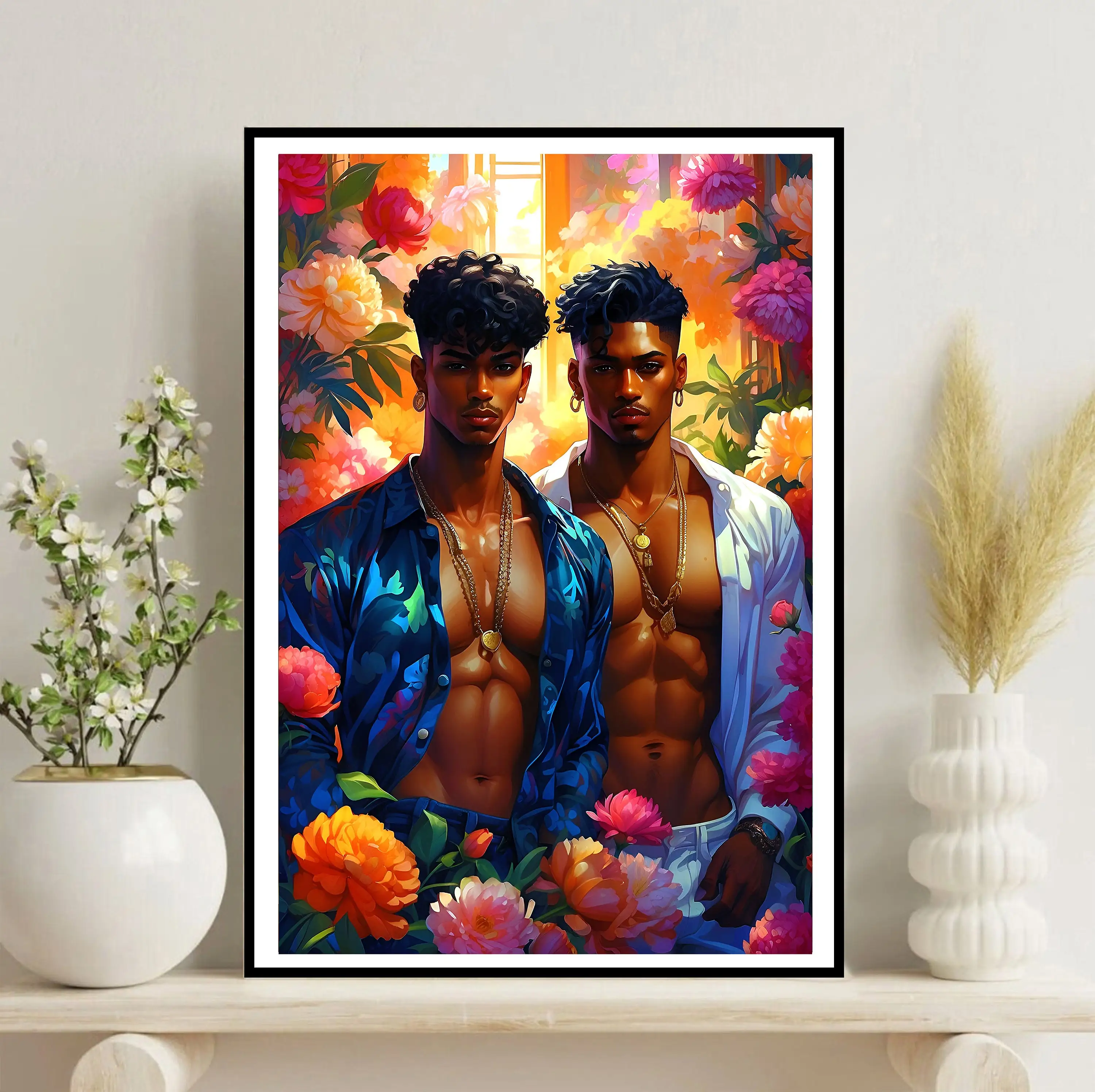 Черные мужские Цветочные Свадебные парные цветные плакаты с принтом настенные