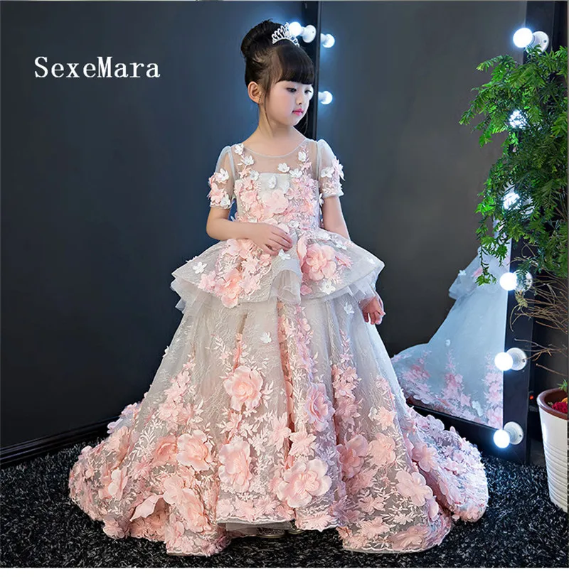 Luxury Flower Girl Dresses Ball Gowns 3D Flowers Applique Lace Princess Pageant Children Birthday Party Clothes | Детская одежда и