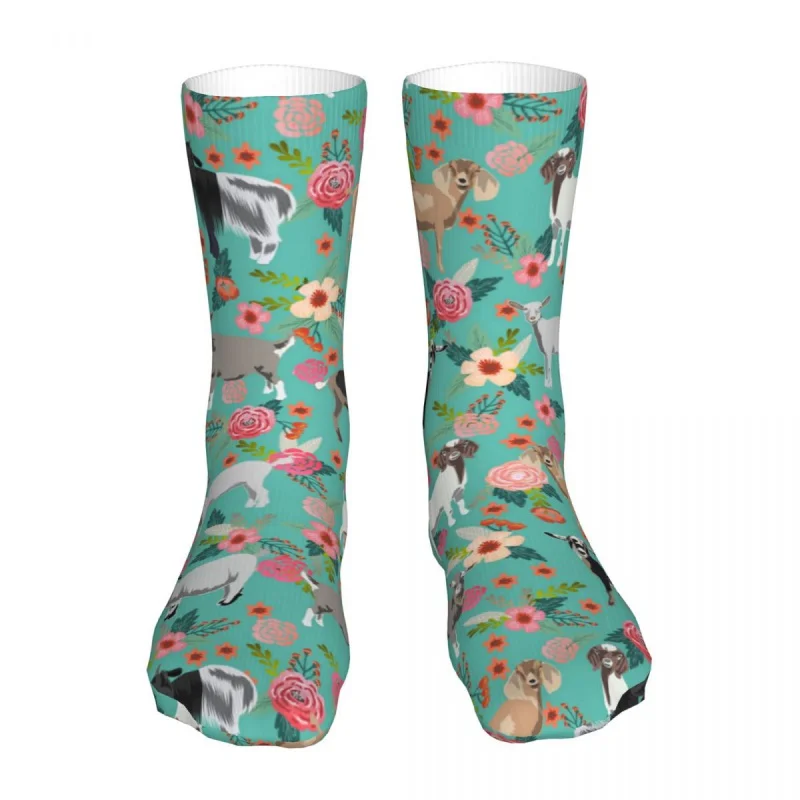 

Goats Floral Turquoise Socks Men's Women's Polyester Funny Happy Animal Socks Crazy All Year Long Socks Gifts