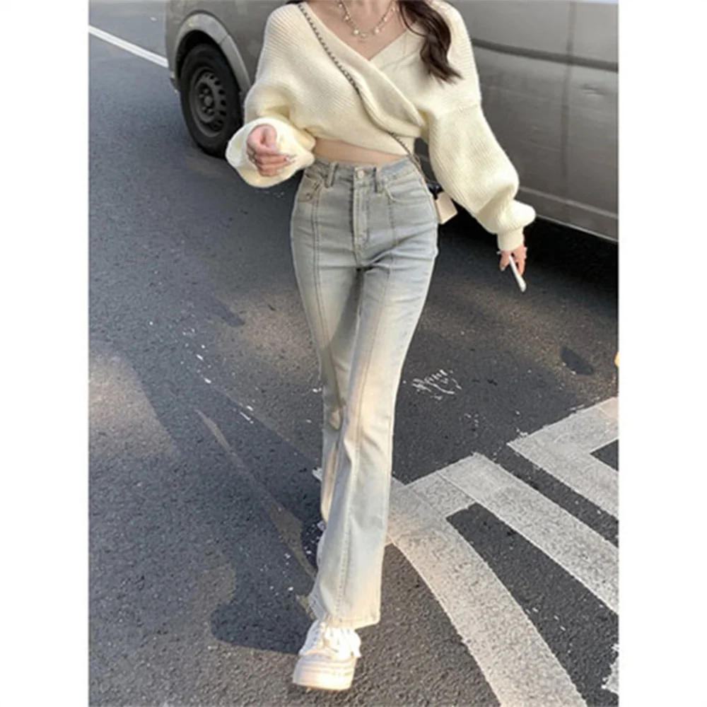 Vintage Y2K Skinny Jeans Trousers High Waist Jeans Women'S Stretch Versatile Micro Flare Pants Streetwear 90s