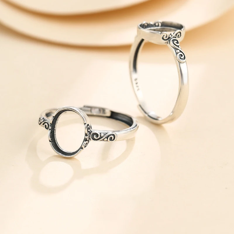 8x10mm S925 Sterling Silver Retro Elliptic Shape Blank Base Adjustable Ring Inlaid With Agate DIY Jewelry Making Accessories