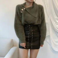 2021 autumn winter turn down collar pullover sweater women sweet sweaters new ladies soft fluffy button knitted tops green white