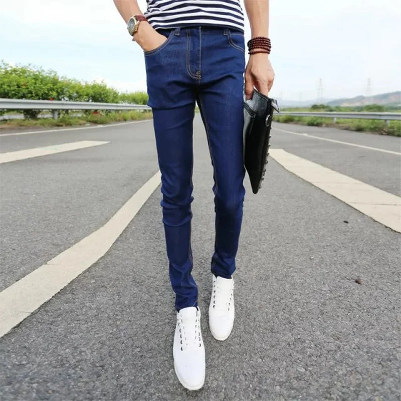 Korean Style Jeans Men Jeans Spring and Summer Solid Color Slim Jeans Men's Pocket Button Mid-Waist Denim Pencil Pants Trousers