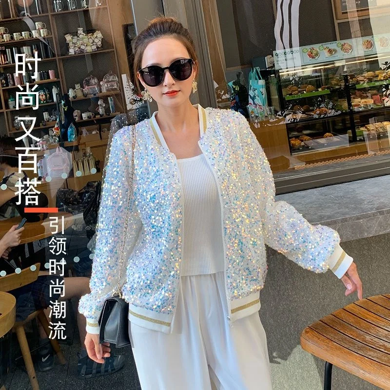 

Осенне-зимняя белая женская куртка с блестками и длинным рукавом, пальто, повседневный праздничный клубный Блейзер, кардиган