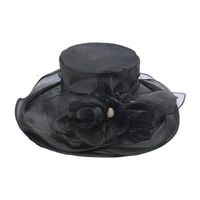 40hot women church cap wide brim cloth flower temperament foldable rhinestones buckle hat for wedding