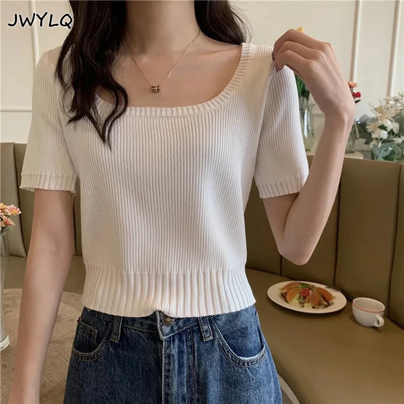 

Summer Thin Candy Colors Knitted Sweater Korean Square Collar Short Sleeve Preppy Style Cropped Sweater Solid Color Slim Sweater
