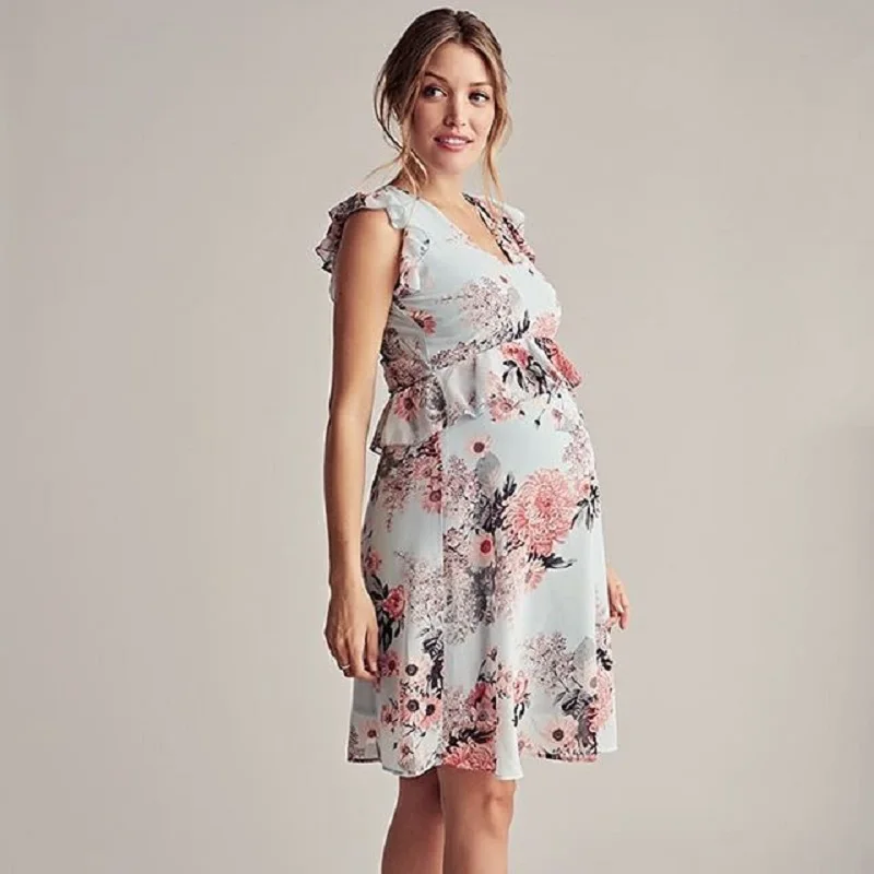 Women Flower Printed Flying Sleeve Maternity Dresses Pregnancy Clothes Summer Casual Waist ruffles Knee Length Dress