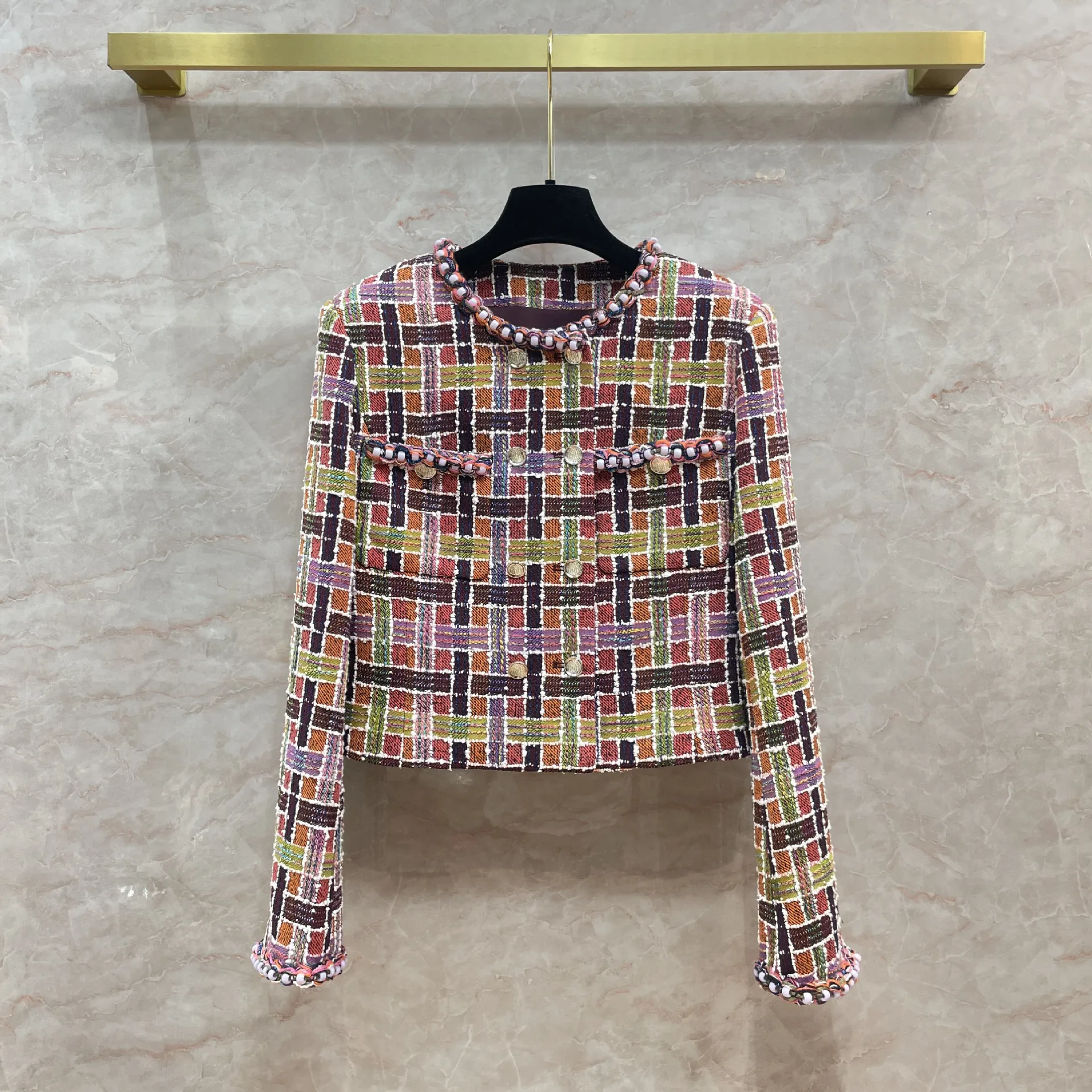 

Beaded Webbing Edging Tweed Jacket Women's Colorful Plaid Top