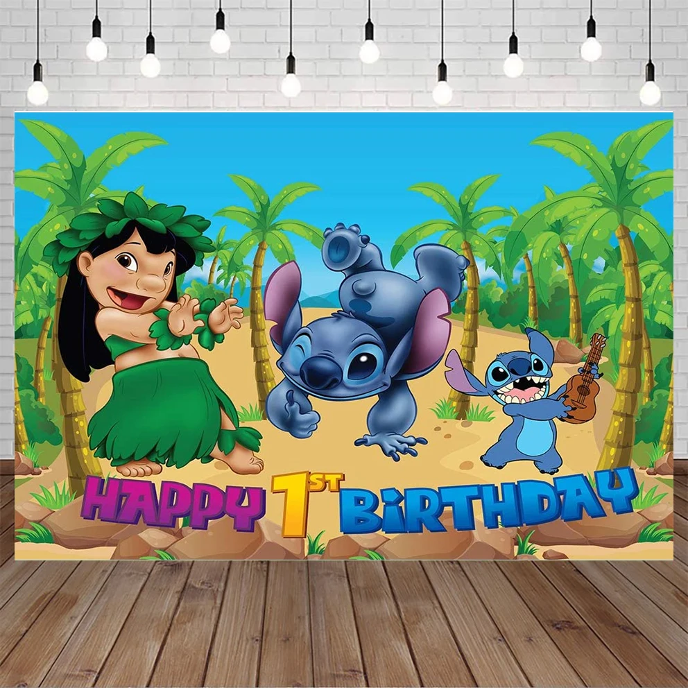 

Lilo and Stitch Backdrop Happy 1st Birthday Tropical Coco Trees Hawaii Luau Dancing Background for Kids Party Vinyl Summer Beach