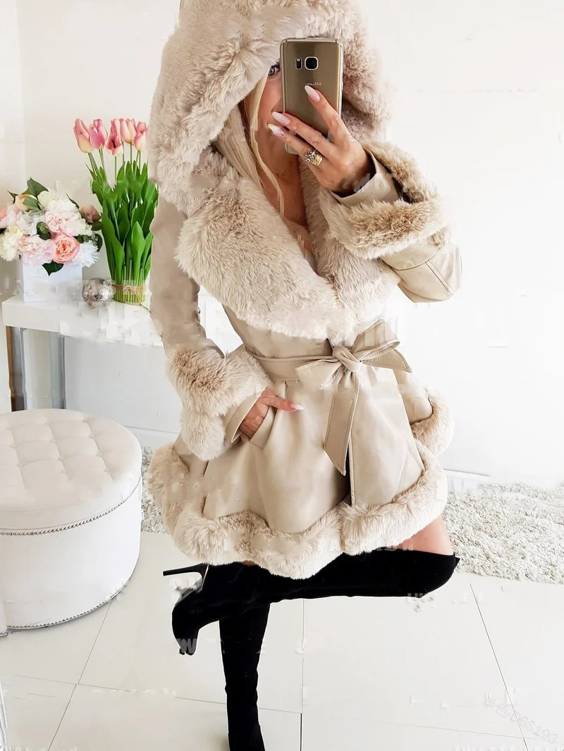 Women Fashion Winter PU Leather Jackets  Tie Belt Waist Short Coats Women Elegant Side Pockets Warm Faux Fur Jackets Female Lady