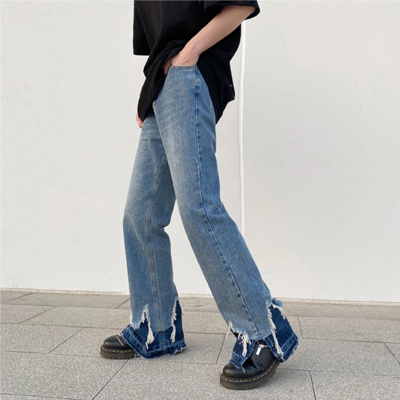 New Fashionable Men's High Street Jeans Side Splits Raw Edge Men's Mopping Flare Pants Trendy Hip Hop Street Men Y2k Jeans Baggy