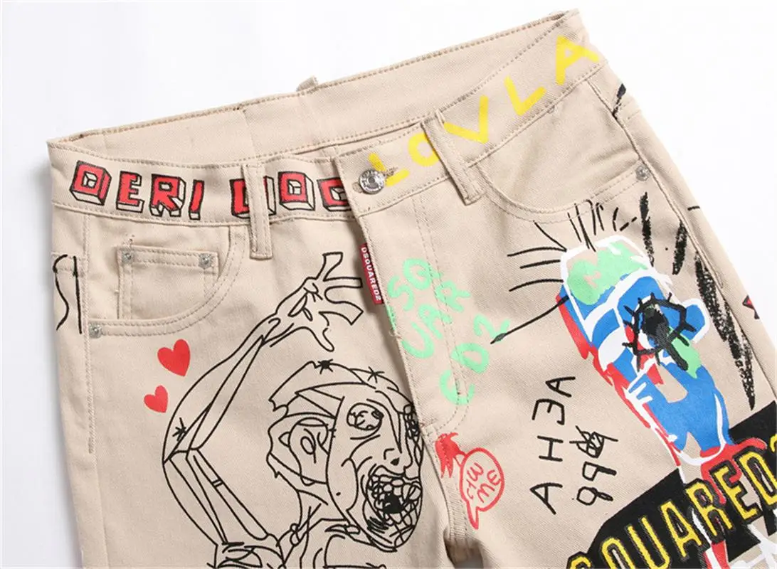 Men's 2023 Spring/Summer New Character Abstract Graffiti Painted Print Street Hip Hop Rock Stretch Skinny Jeans