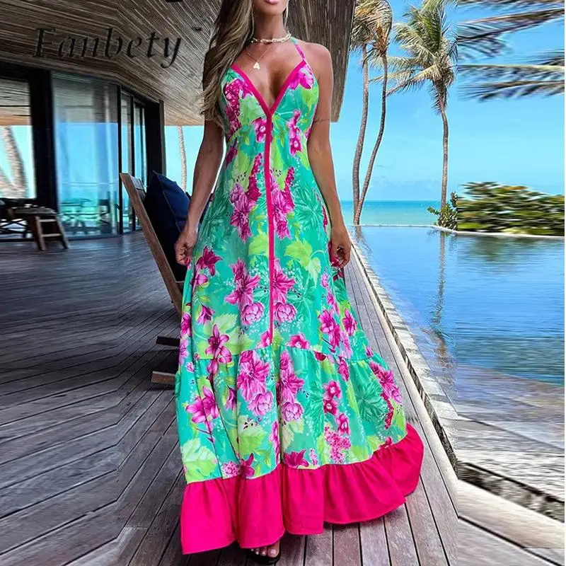 

Женское лоскутное платье без рукавов, привлекательное длинное платье с V-образным вырезом, лямкой на шее и открытой спиной, пляжный сарафан с тотемным принтом, лето 2023