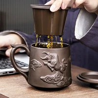 purple clay chinese embossed cattle teacups creative retro tea mug with lid and infuser handmade water cup drinkware gifts