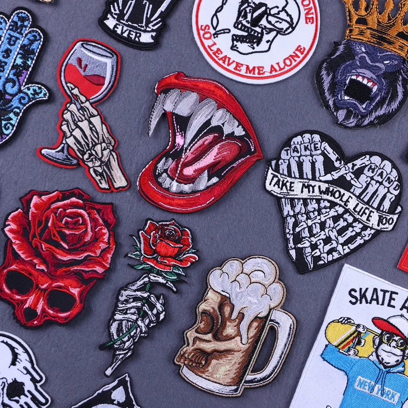 Punk Embroidery Patches For Clothes DIY Iron on Fusible Clothing Thermoadhesive Patches Blood Red Rose Flower can be Customized