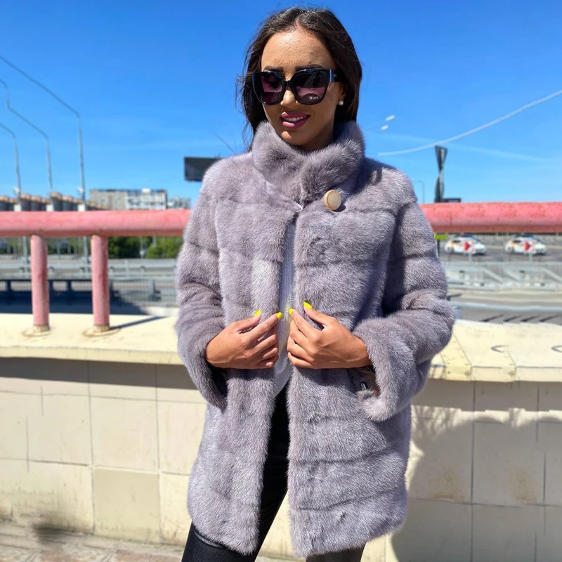 

Light Purple Real Fur Mink Coat Women Luxury Simple Outertwear Lady Winter New Whole Leather Warm Genuine Mink Jackets Female