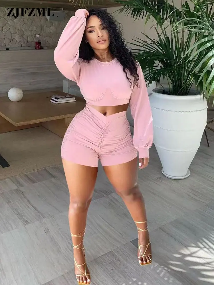 

Hipster Solid Two Piece Tracksuits for Female Crewneck Long Sleeve Crop Tops and Elastic High Waist Ruched Short Matching Suits