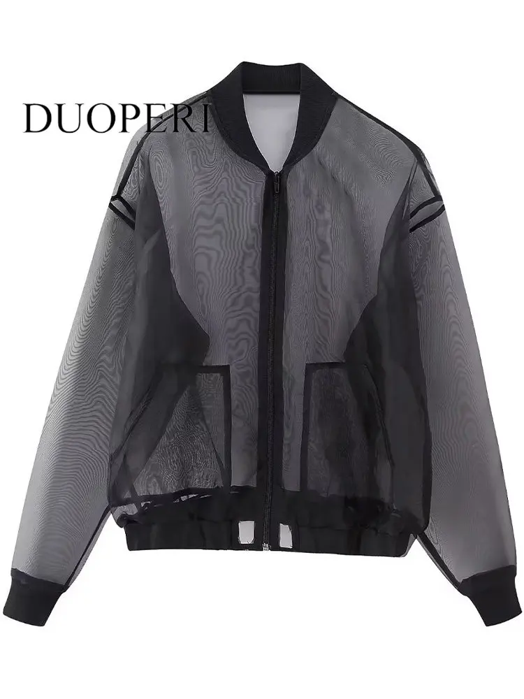 

Куртка-бомбер DUOPERI женская прозрачная, Модный черный пиджак на молнии спереди, винтажный наряд с круглым вырезом и длинным рукавом, шикарный наряд