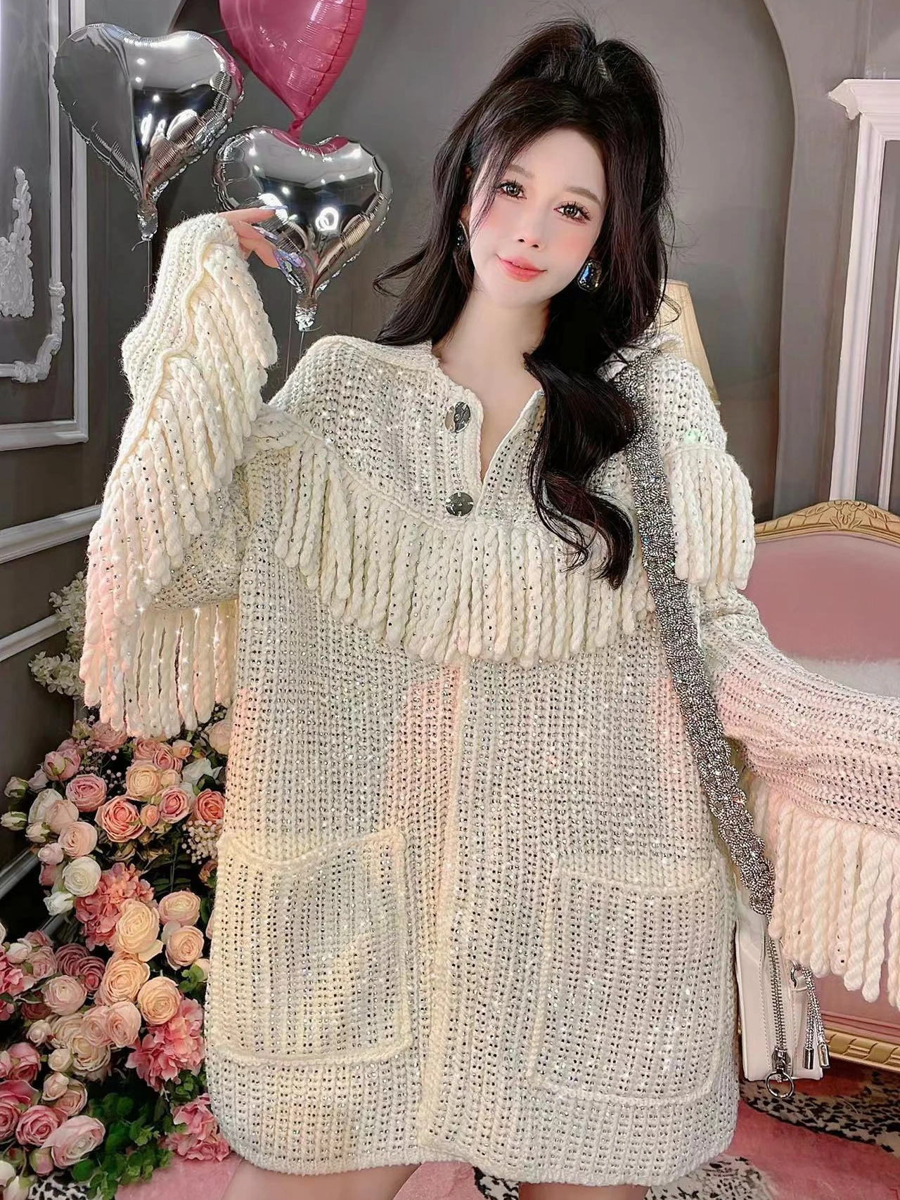 

Women Spring Autumn Thick Loose Diamonds Tassels Knitted Cardigan Fairy Hot Drilling Fringed Sequined Sweater Coat Knitwear Tops