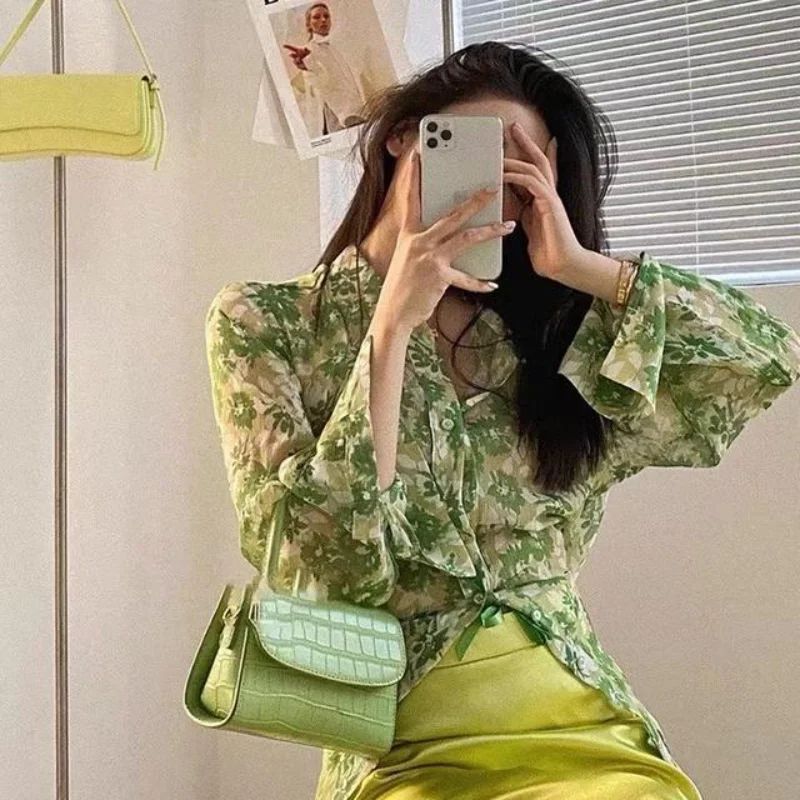 

Женская свободная рубашка, Повседневная приталенная рубашка с цветочным принтом в Корейском стиле, весна-лето 2022