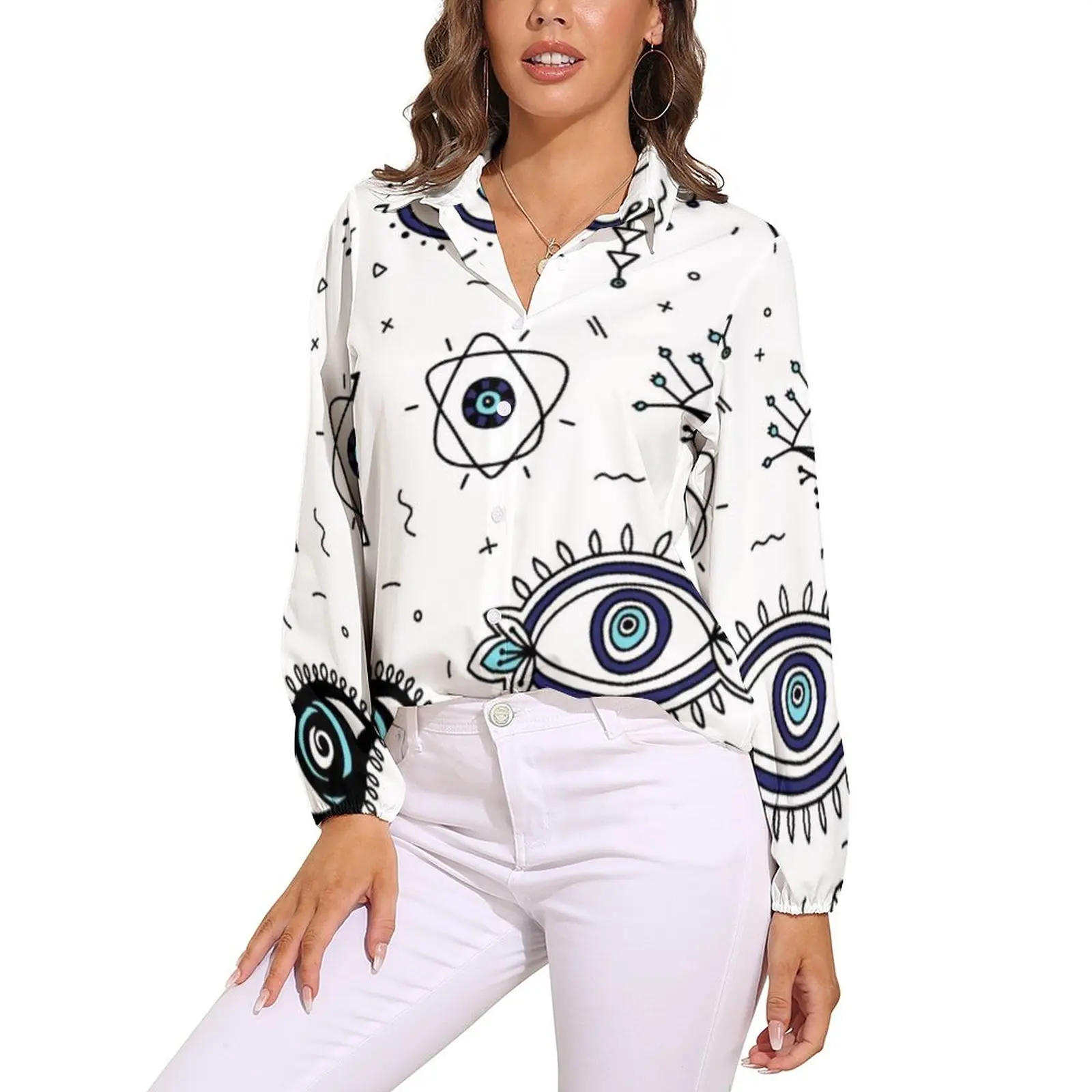 

Evil Eyes Blouse Female Comic Eye Watching Street Fashion Loose Blouses Long Sleeve Funny Shirt Printed Tops Big Size 2XL 3XL