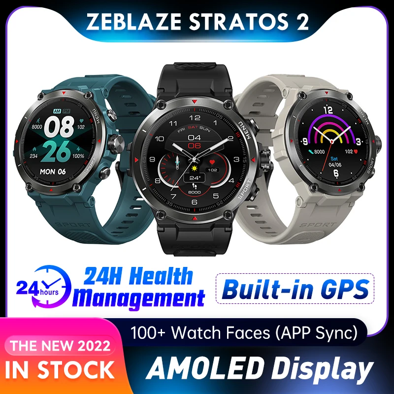 Zeblaze-reloj inteligente Stratos 2, dispositivo resistente al agua hasta 5atm, con Pantalla AMOLED, 4 satélite, 3 modos, GPS, Monitor de frecuencia cardíaca, presión arterial, SpO2, 100