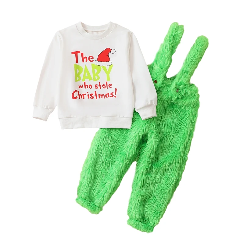

Girls Boys 2 Piece Outfits Christma Letter Print Round Neck Sweatshirt and Fuzzy Overalls Set Chid Autumn Clothes