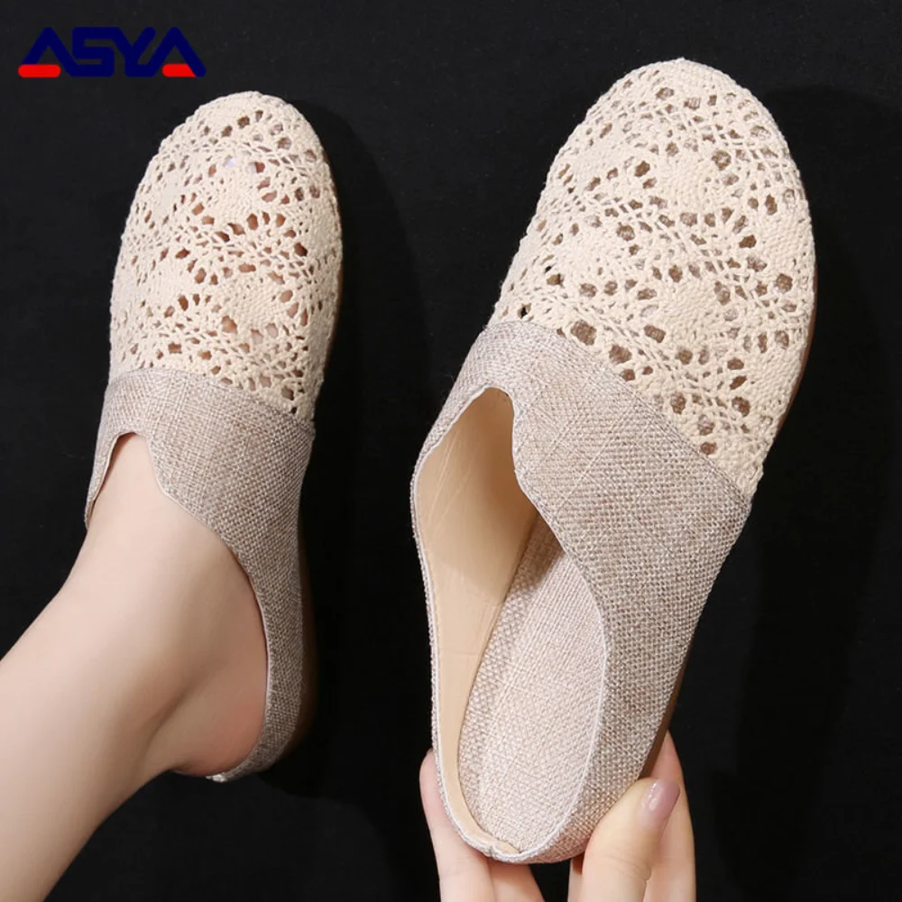 ASYAPOY Half slippers for women to wear out new summer versatile woven breathable flat bottomed lazy sandals