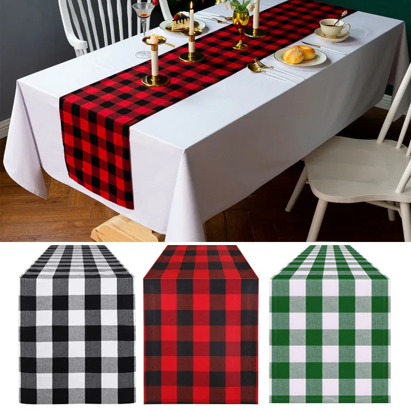 

180*30cm Christmas Black White Pink Green Blue Red Lattice Table Cloth Merry Christmas Decor For Home Table Cover New Year 2023