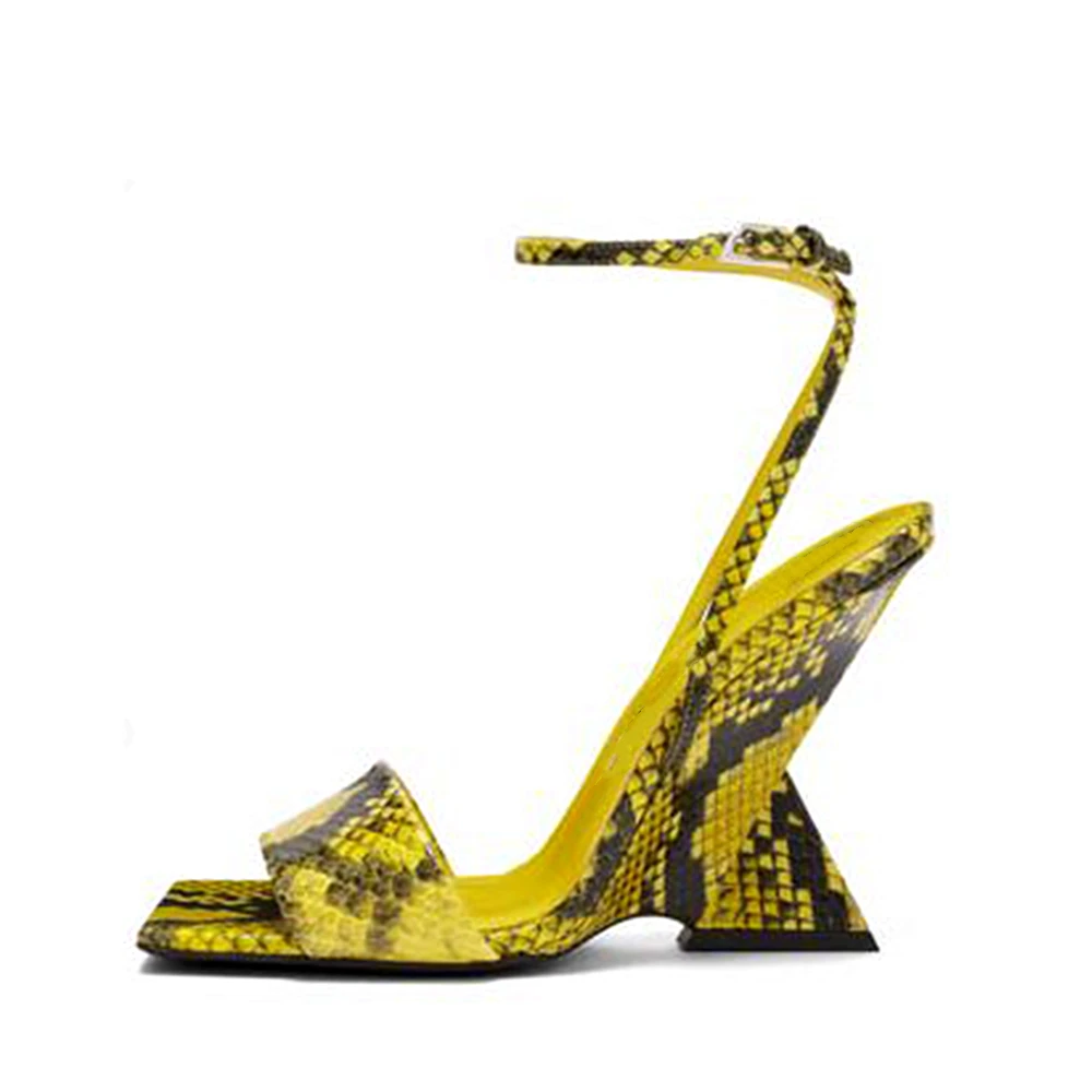 Women New Strange Style Thick High Heels Buckle Strap Sandals Open-Toes Silks Satins One Word Belt  Ankle Strap Square Toe Shoes