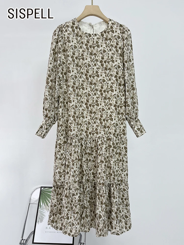 

SISPELL Floral Folds Dresses For Women Round Neck Long Sleeve High Waist A Line Fashion Midi Dress Female 2023 Spring Clothing