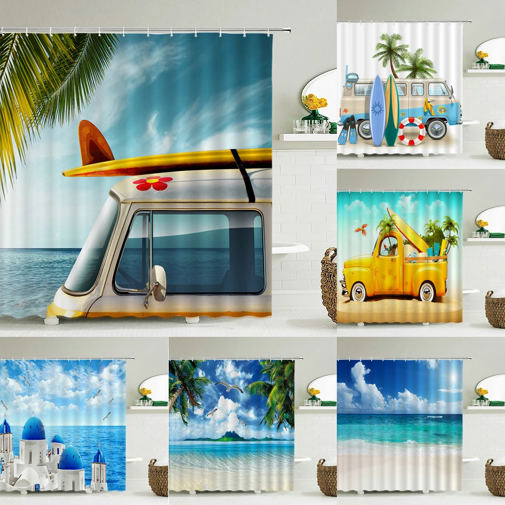 

High Quality Polyester Fabric Beach Scenery Waterproof Shower Curtain Home Decor 3D Seaside Sea Beach Bathroom Curtains