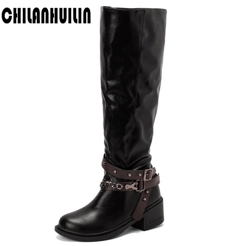 

punk chains autumn winter boots women mid thick heels pu leather knee high boots round toe platform shoes riding boots woman