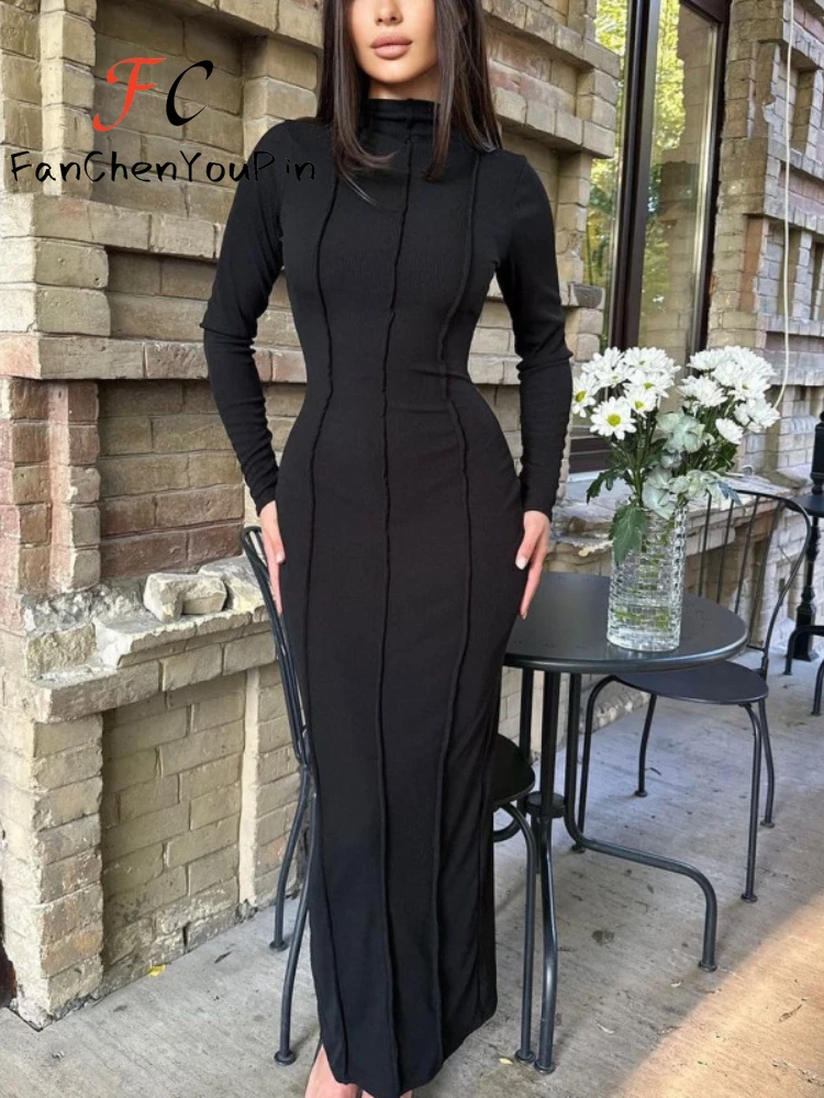 Женское платье весна-лето 2024 модное однотонное облегающее с длинным рукавом и