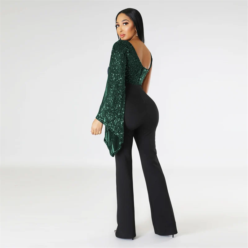 Znaiml Elegant Evening One Pieces Romper Party Birthday Backless Overalls for Women Sexy One Shoulder Patchwork Sequin Jumpsuit
