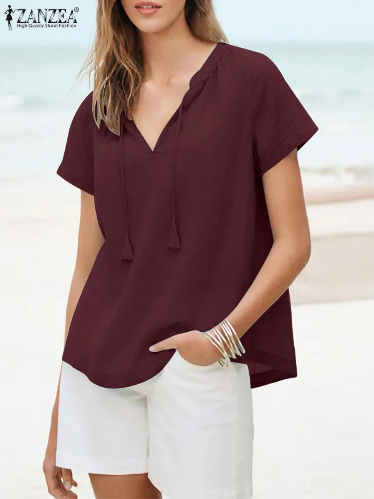 

Fashion Lace Up Tops Women Summer Blouses ZANZEA 2022 Casual V Neck Blusas Female Short Sleeve Shirts Female Solid Tunic Chemise