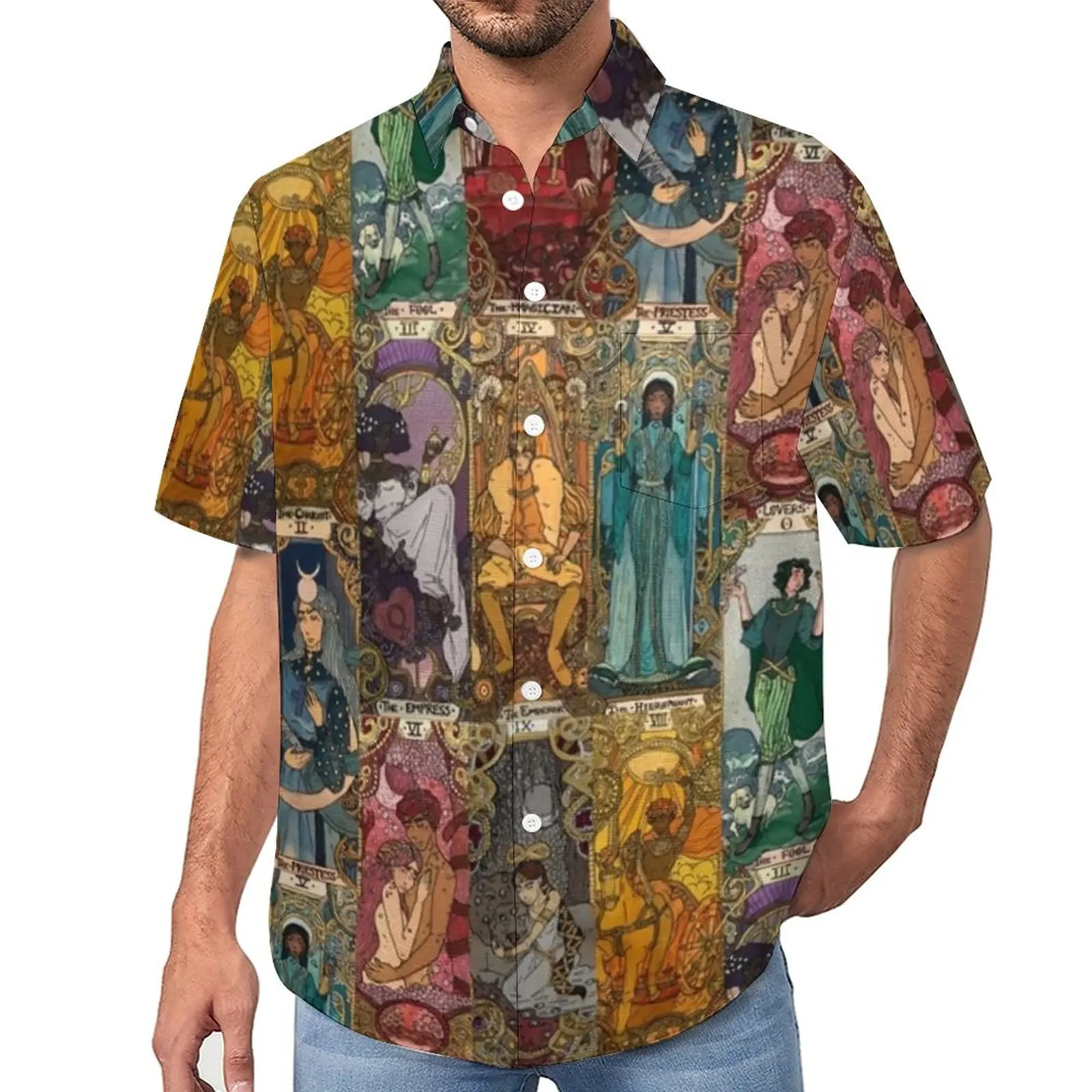 

Tarot Card Print Casual Shirt Original Art Beach Loose Shirt Hawaiian Street Style Blouses Short-Sleeve Pattern Oversized Tops