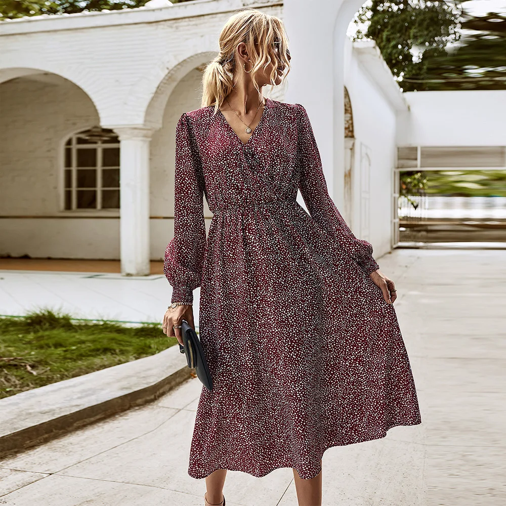 

Independent design European and American fashion Amazon women's 2021 autumn and winter new long sleeve elegant flower dress
