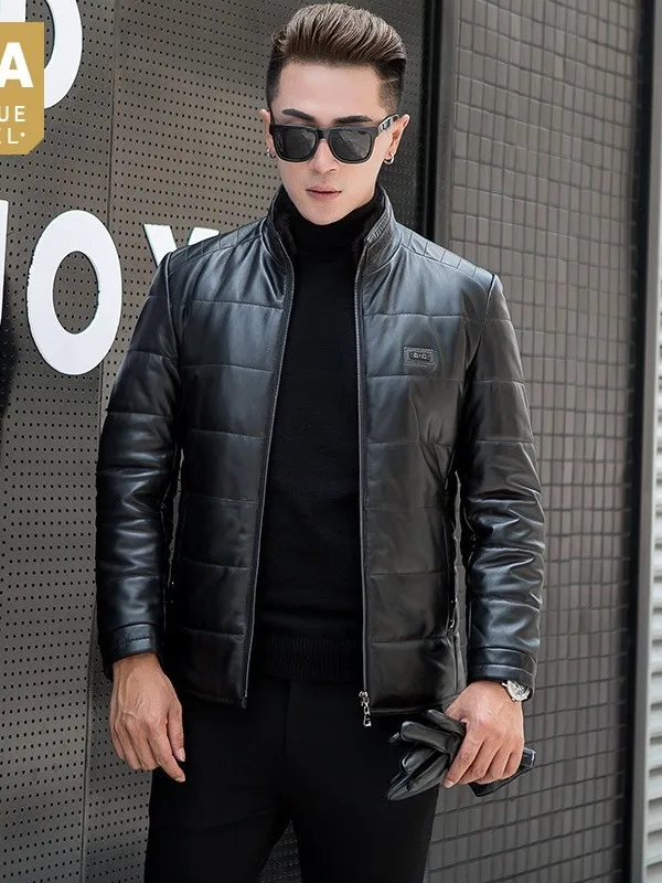 

Real 100% Winter Leather Mens Down Jacket Stand Collar Slim Fit Warm Bikers Outerwear Coat Sheepskin Genuine Leather Jacket 4XL