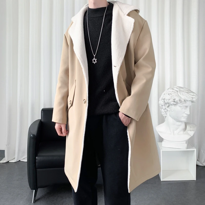 

New Mens Windbreaker Long Fleece Trench Coat Harajuku Mid-Length Casual Hip Hop Hooded Outwear Streetwear Overcoats
