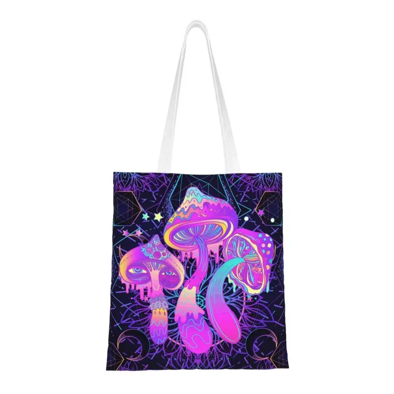 

Magic Mushroom Trippy Psychedelic Neon Pastel Goth Grocery Shopping Bag Cute Printing Canvas Shopper Shoulder Tote Bag Handbag