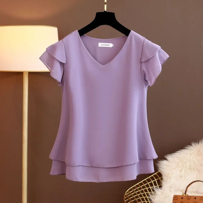 Женская шифоновая блузка с V-образным вырезом свободного покроя