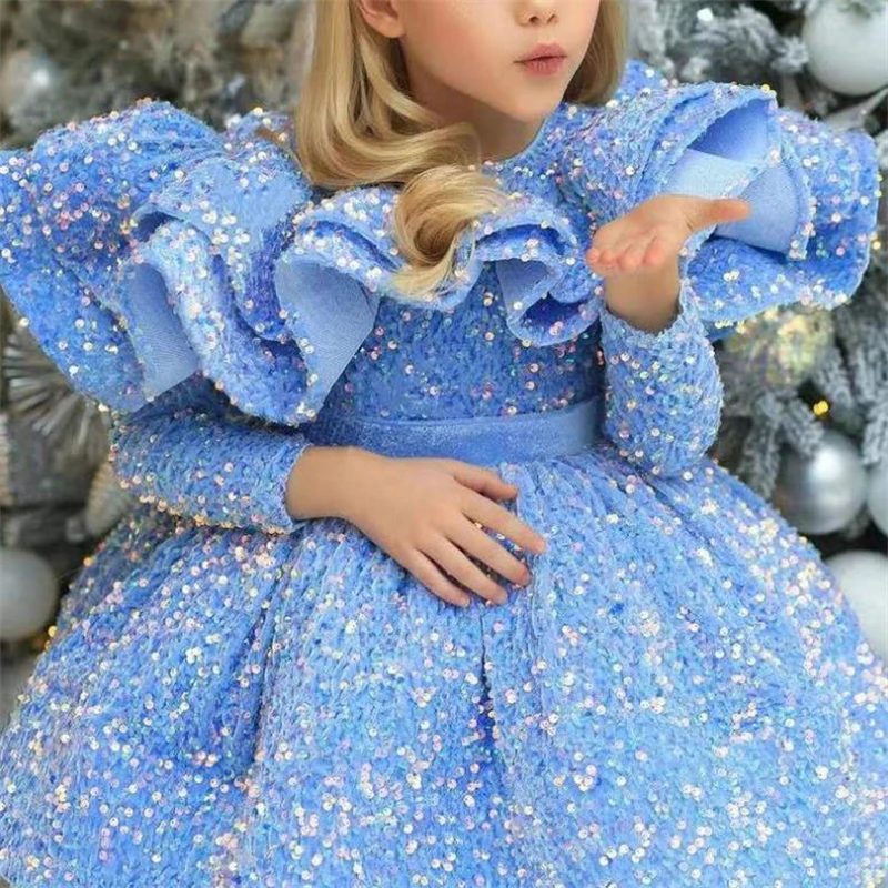 Sequin Kids Dress Spring Blue Long Sleeve Fashion Birthday Princess Dress