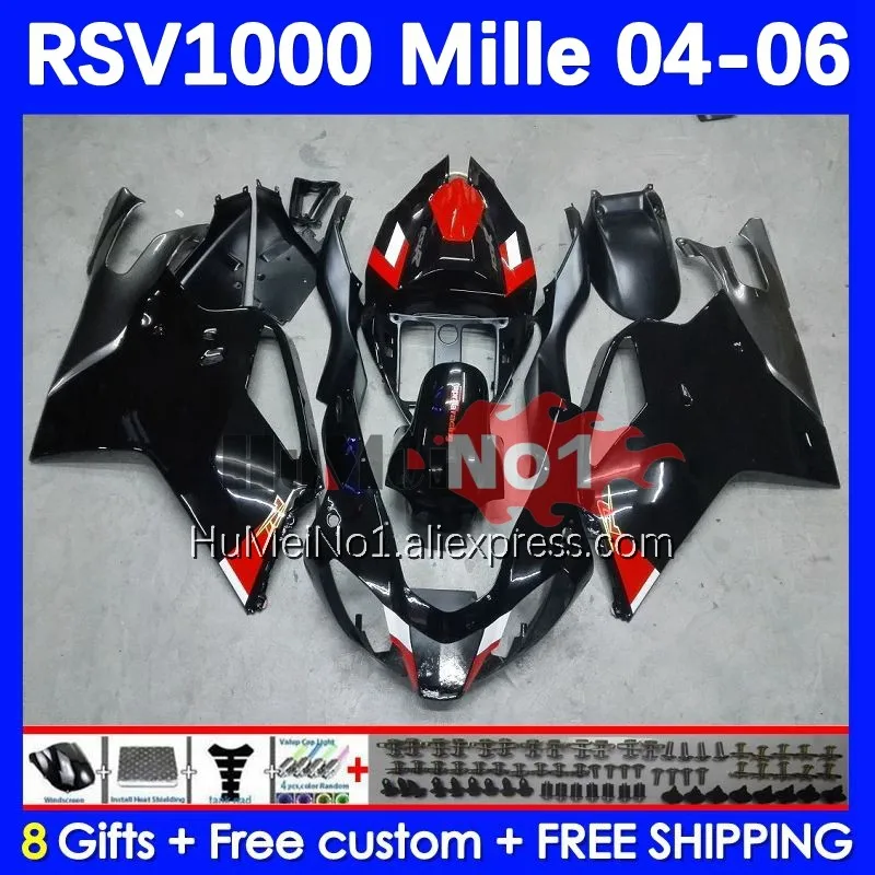 

RSV-1000 For Aprilia RSV1000R Mille RV60 RSV1000RR 139No.7 RSV 1000 04 05 06 RSV1000 R RR 2004 2005 2006 Fairings black glossy