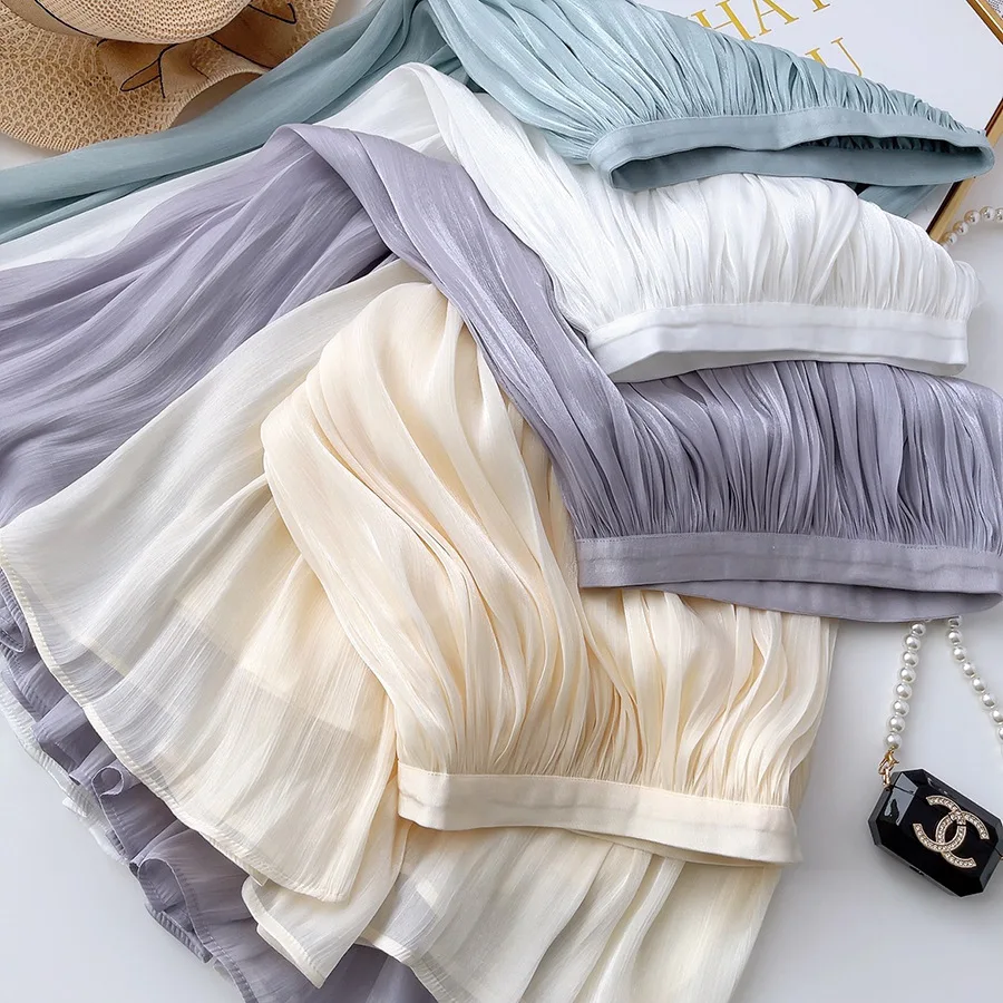 Mercerized Organza Fabric Mid-length A-line Skirt High Street Draped Flowy Skirt for Women Summer