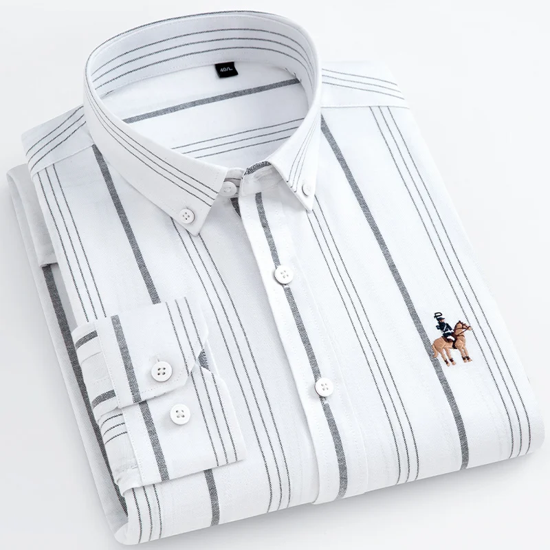 New Men's Oxford Stripe Shirts Autumn Long Sleeve Fashison Business Formal Man Shirt Without Pocket Regular Fit Social Clothes